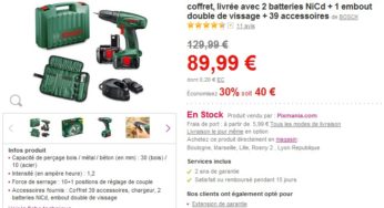 Super Promo pack BOSCH : Perceuse visseuse sans fil PSR 14.4 + 2 batteries + 1 embout double de vissage + 39 accessoires à 89.99 euros