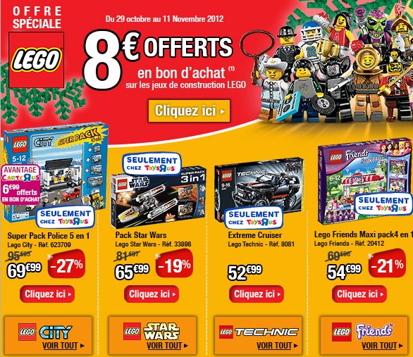50 euros d’achat de jouet/s Lego = 8 euros offerts chez Toys’R Us