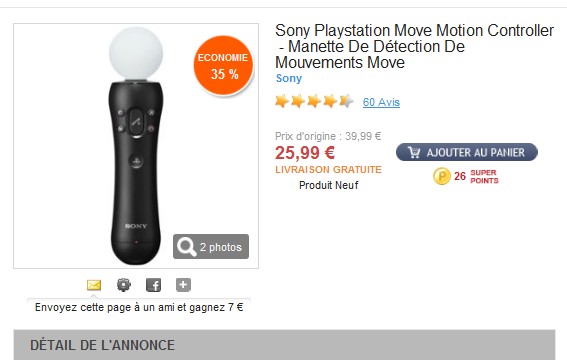 LE PLUS BAS PRIX ! Manette Détection De Mouvements Playstation Move de Sony à seulement 25,99 euros (port compris)