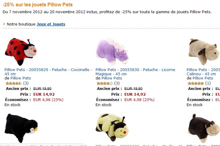Promo ! Moins 25% sur les oreillers/peluches Pillow Pets (14,98 euros jusqu’au 20 novembre)