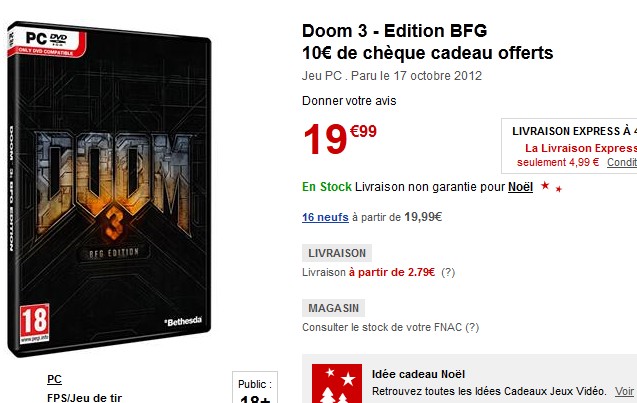 Offre spéciale Jeu PC Doom 3 – Edition BFG acheté = 10 euros en chèque cadeau offerts – FNAC