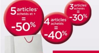 PROMO LA HALLE ! 5 articles achetés = 50% de réduction immédiate (-40% pour 4 articles, -30% pour 3 articles)