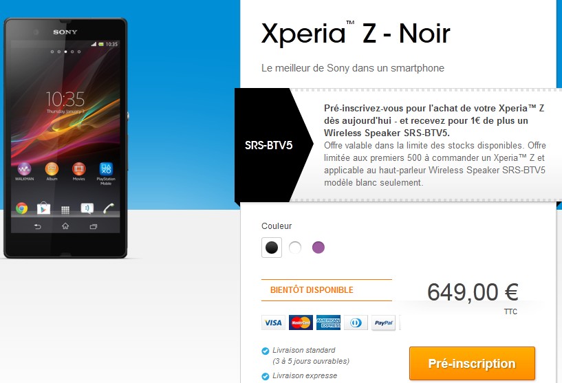 Bon Plan Sony XPERIA Z Précommande (gratuit enceinte Bluetooth Sony, meilleur prix, 29,99 euros…)