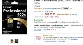 Vente Flash Carte Mémoire SDHC 32go, classe 10, pro x400, UHS-I Lexar a seulement 30,90 euros au lieu d’une cinquantaine d’euros.