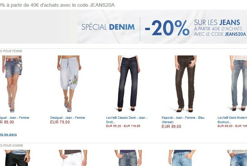 Code promo Amazon : -20% sur les jeans (à partir de 40 euros d’achats)