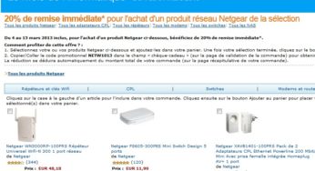 Code promo moins 20% sur produits Netgear (Répéteur, CPL, Modem, Clé…)