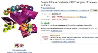 Coffret 7 DVD + 2 Sticks Toning + 3 CD Zumba Fitness Exhilarate à seulement 49,99 euros au lieu de 79,99 euros.