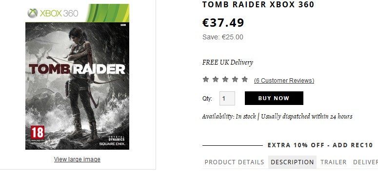 Tomb Raider Xbox 360 à moins de 35 euros (port inclus)