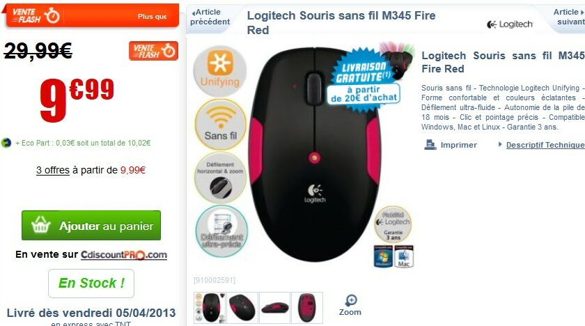 Vente flash ! 10 euros Souris sans fil M345 Fire Red Logitech