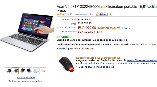 499 euros ordinateur portable tactile 15,6″ Acer (Intel Core i3, 500 Go, Windows 8)