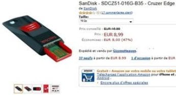 Moins de 9 euros Cle USB 16 Go SanDisk Cruzer Edge – livraison gratuite