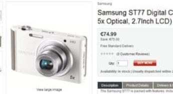 75 euros Appareil photo Samsung ST77 Blanc/16.1 Mpix, zoom 5x (89-120€ ailleurs)