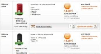 Moins de 15 euros Téléphones reconditionnés Orange (Samsung E1190, Alcatel OT-292) moins 50 euros Nokia Asha 302