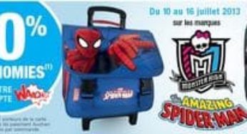 1 cartable Spiderman/Monster High acheté = 30% de la valeur créditée sur votre compte Waaoh (Auchan)