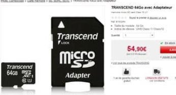 Moins de 40 euros la carte mémoire Micro SDXC 64Go Classe 10 Transcend (livraison gratuite)