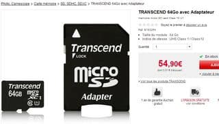 Moins de 40 euros la carte mémoire Micro SDXC 64Go Classe 10 Transcend (livraison gratuite)