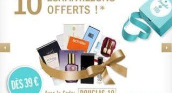 10 échantillons offerts des 39 euros chez parfumerie Douglas (internet)