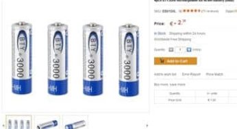 2,38 euros les 4 piles rechargeables AA 3000 mAh (port inclus)