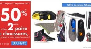 Gémo : 1 paire chaussure acheté = la seconde à moitié prix (code promo)