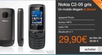 Moins de 30 euros le téléphone Nokia C2-05 (sans engagement + 5 euros Mobicarte) au lieu de 39,90 euros