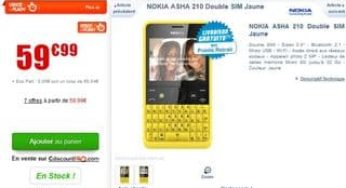 Nokia Asha 210 Double SIM jaune à moins de 60 euros – vente flash