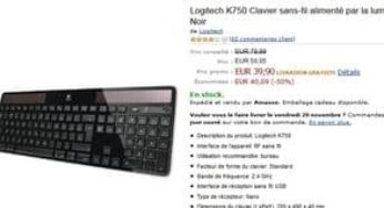 Moins de 40 euros le Clavier sans-fil Logitech K750 solaire (alimenté par la lumière) / 55-80 euros ailleurs