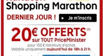 20 euros offerts pour 100 euros d’achats PriceMinister (de 18h à 21h uniquement)