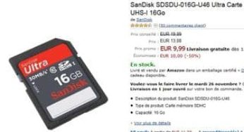 Moins de 10 euros la Carte mémoire SDHC 16Go SanDisk 30 Mo/s Classe 10