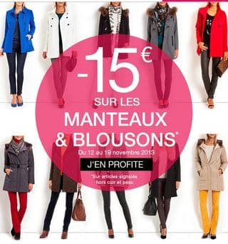 Remise de 15 euros sur les manteaux et blousons femmes GDM