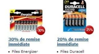 30% de réduction immédiate sur les piles Energizer (25% sur Duracell)