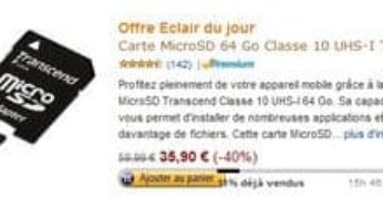 35,90 euros la carte mémoire MicroSD 64 Go Transcend cl. 10 (port inclus) Uniquement aujourd’hui