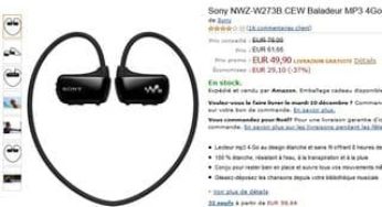 Moins de 50 euros baladeur MP3 étanche Sony NWZ-W273B 4Go / 60-80 euros ailleurs (de nouveau dispo))