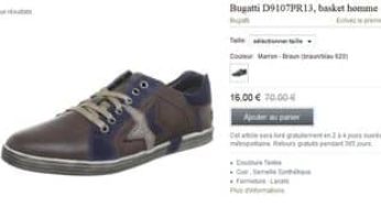 Baskets homme cuir Bugatti à 16 euro au lieu de 70 euros (du 40 au 46)