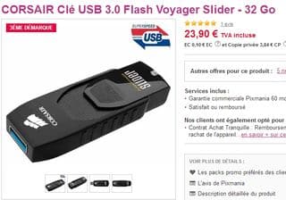 Moins de 24 euros la Clé USB 3.0 32 Go Flash Voyager Slider CORSAIR port inclus (30-45 euros ailleurs)