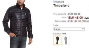 48 euros la doudoune Timberland homme au lieu de 160 euros (S, M et L)