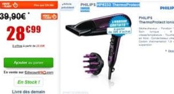 28 euros le Sèche-cheveux Philips HP8233 ThermoProtect Ionic (à partir de 40 euros ailleurs)