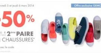 Gémo : 1 paire de chaussure achetée = la seconde à moins 50% pendant 48h