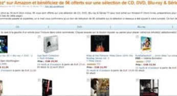 1 commande Amazon = 5 euros offerts sur une sélection de CD, DVD, Blu-ray & Séries TV