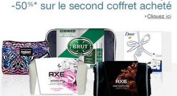 1 acheté = le second à moitié prix sur les coffrets et trousses Axe, Dove, Brut…