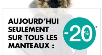 20% de remise sur tous les manteaux sur Kiabi / cumulable avec promo (uniquement jusqu’à minuit)