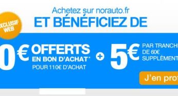 110 euros d’achats sur Norauto = 10 euros en bon d’achat (+5 euros suppl. tous les 60 euros en plus)