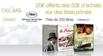 20€ offerts dès 50€ d’achats sur près de 300 films en DVD/Blu-Ray primés (Cannes, Oscars, César)