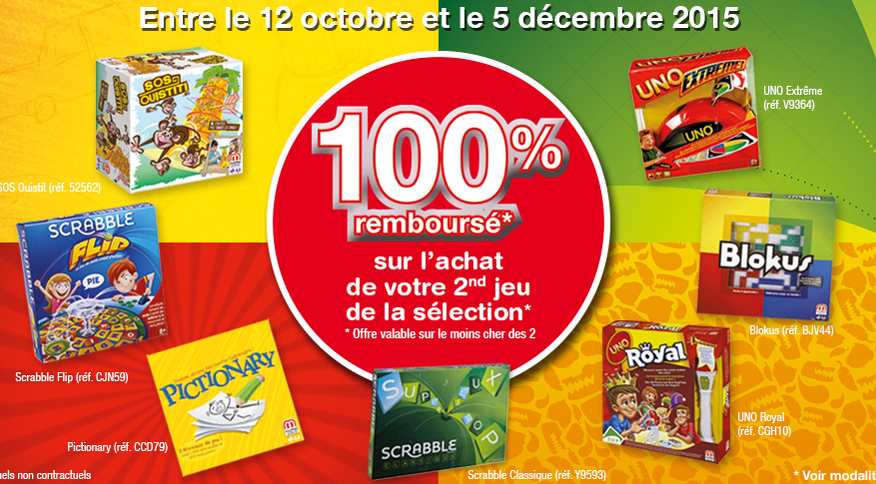 Offre remboursement Mattel : 1 jeu acheté = le second 100% remboursé (Scrabble, Pictionary, Uno, Blokus, SOS Ouistiti)