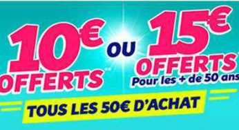 15 euros par tranche de 50 euros sur Cdiscount (pour les +de 50 ans ou 10 euros tous les 50 euros) !