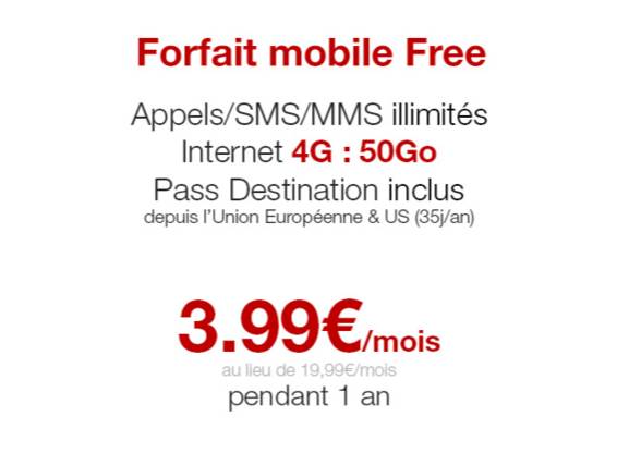 Forfait Free Mobile 50Go en illimités à 3,99€/mois (vente privée)