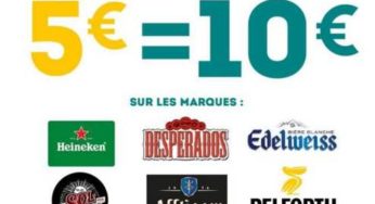 5€ pour 10€ d’achat de bières (Heineken, Desperados, Pelforth, SOL…)