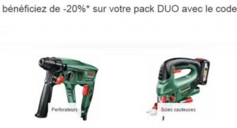 1 pack Bosch acheté (outillage + accessoire) = 20% de remise immédiate