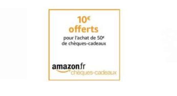 1 carte cadeau 50 euros Amazon achetée = 10 euros offerts