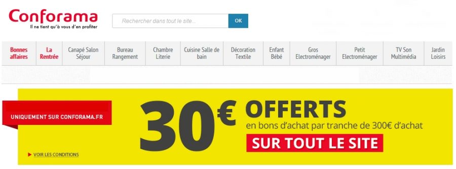 30€ offert par tranche de 300€ d’achat Conforama