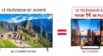 1 Smart TV 4K JVC 139 cm achetée = 1€ la TV 81cm (soit 750€ les 2)